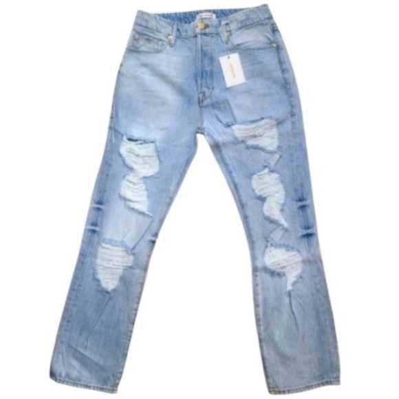 Good American Denim - Good American Light Blue Distressed Straight Leg Jeans